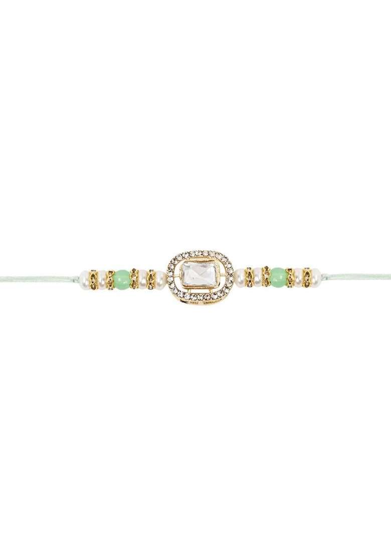 Kundan Studded Pearl Beaded Thread Rakhi With Roli Chawal And Rakshabandhan Card - Indya