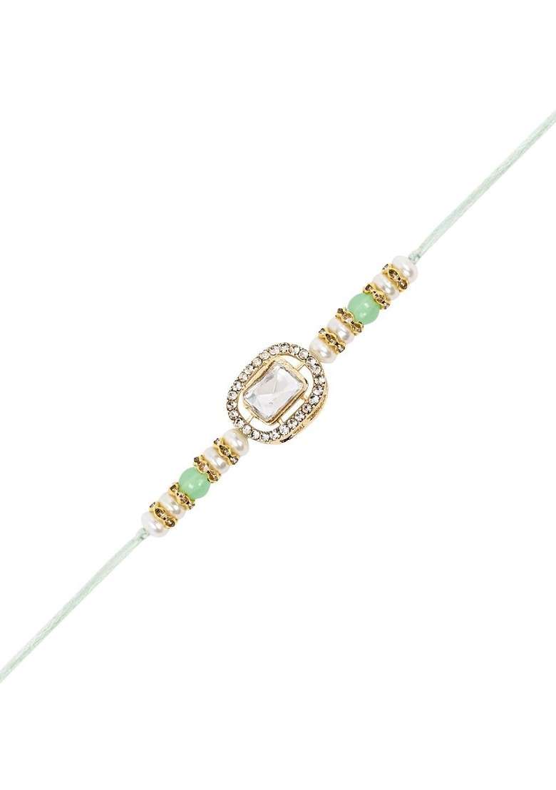 Kundan Studded Pearl Beaded Thread Rakhi With Roli Chawal And Rakshabandhan Card - Indya