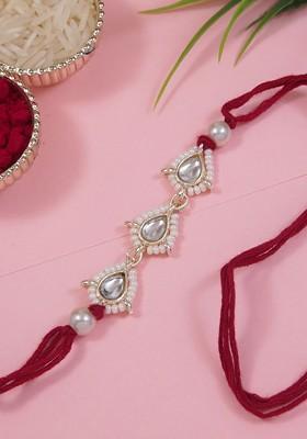 Kundan Studded Pearl Beaded Thread Rakhi With Roli Chawal And Rakshabandhan Card