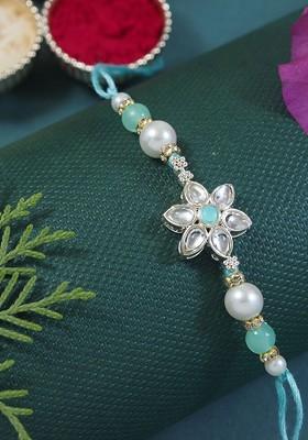 Kundan Studded Pearl Beaded Thread Rakhi With Roli Chawal And Rakshabandhan Card