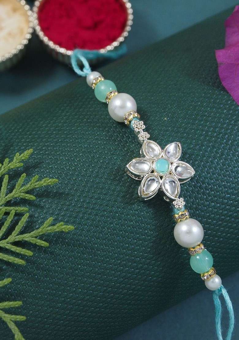 Kundan Studded Pearl Beaded Thread Rakhi With Roli Chawal And Rakshabandhan Card - Indya