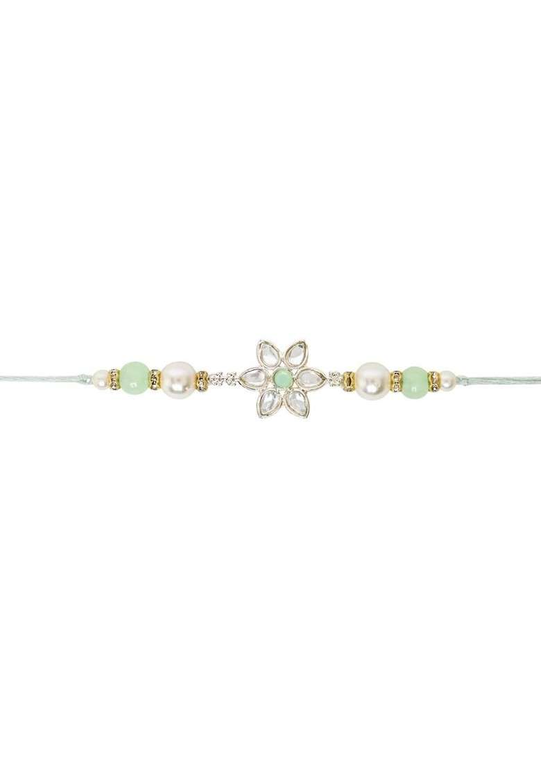 Kundan Studded Pearl Beaded Thread Rakhi With Roli Chawal And Rakshabandhan Card - Indya