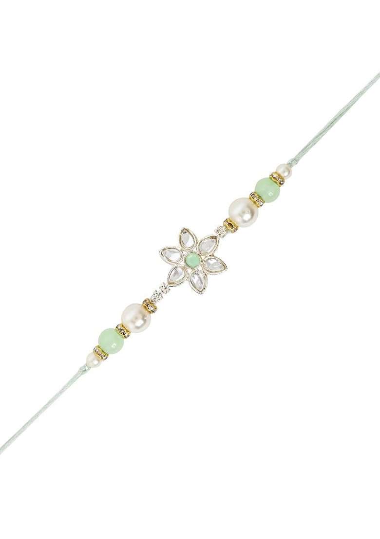 Kundan Studded Pearl Beaded Thread Rakhi With Roli Chawal And Rakshabandhan Card - Indya
