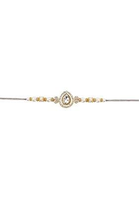 Kundan Studded Pearl Beaded Thread Rakhi With Roli Chawal And Rakshabandhan Card