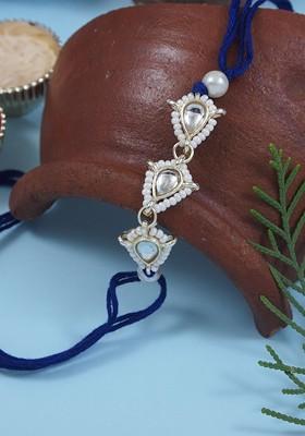 Kundan Studded Pearl Beaded Thread Rakhi With Roli Chawal And Rakshabandhan Card