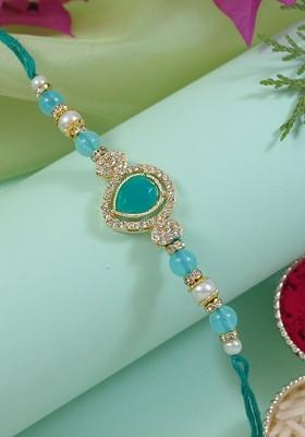 Kundan Studded Pearl Beaded Thread Rakhi With Roli Chawal And Rakshabandhan Card