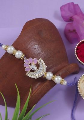 Kundan Studded Pearl Beaded Thread Rakhi With Roli Chawal And Rakshabandhan Card