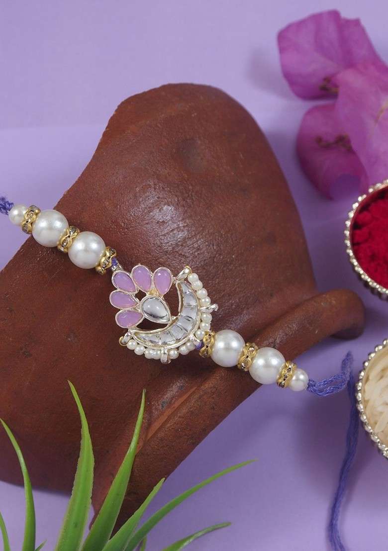 Kundan Studded Pearl Beaded Thread Rakhi With Roli Chawal And Rakshabandhan Card - Indya