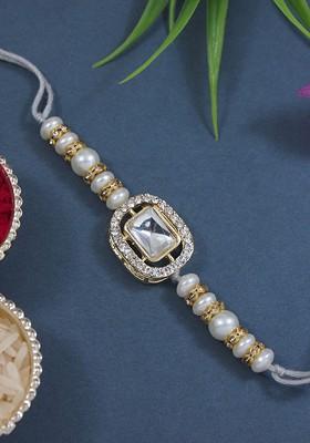 Kundan Studded Pearl Beaded Thread Rakhi With Roli Chawal And Rakshabandhan Card