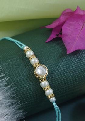 Kundan Studded Pearl Beaded Thread Rakhi With Roli Chawal And Rakshabandhan Card