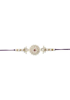 Kundan Studded Pearl Beaded Thread Rakhi With Roli Chawal And Rakshabandhan Card