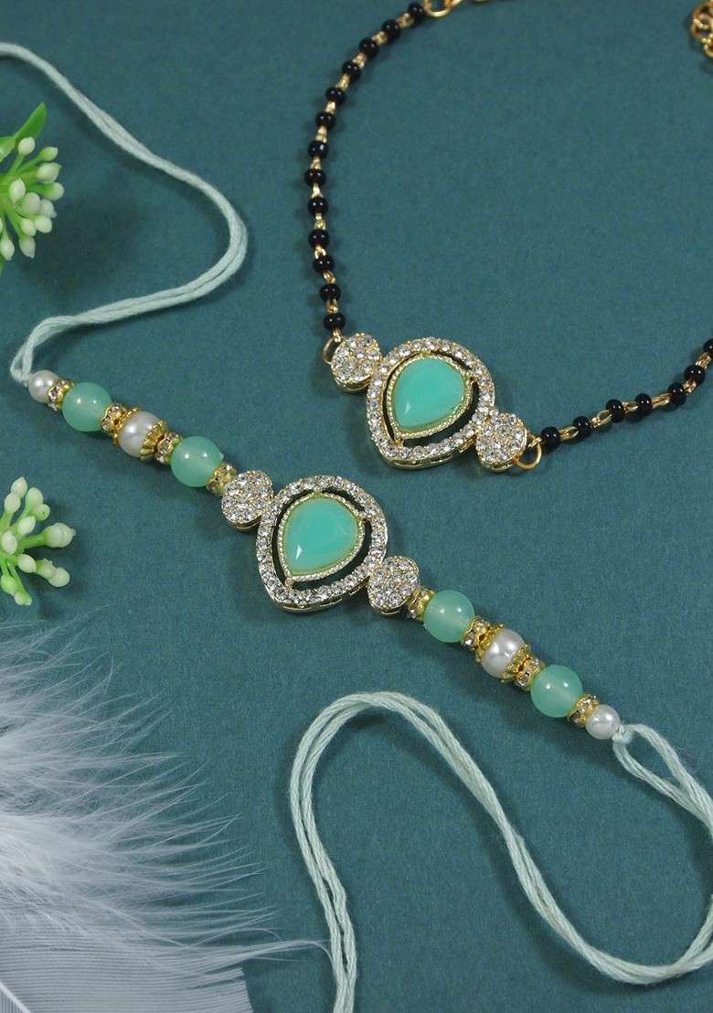 Kundan Studded Pearl Beaded Bhaiya Bhabhi Lumba Bracelet Rakhi With Roli Chawal - Indya