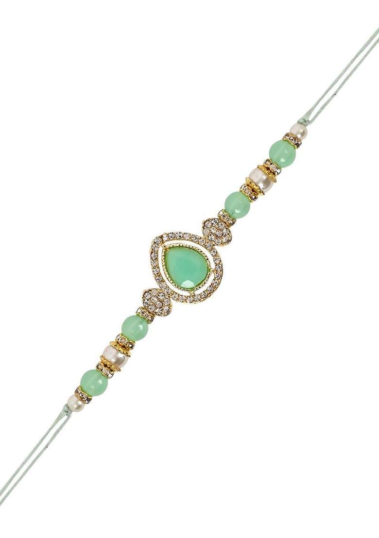 Kundan Studded Pearl Beaded Bhaiya Bhabhi Lumba Bracelet Rakhi With Roli Chawal - Indya