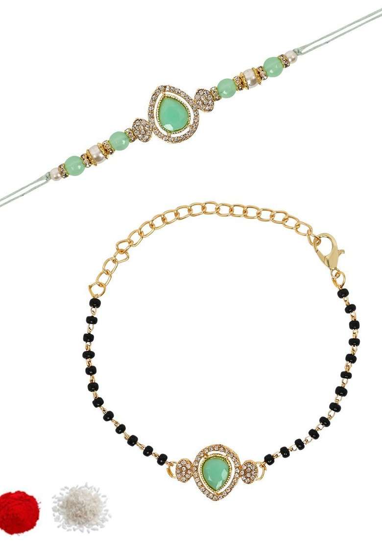 Kundan Studded Pearl Beaded Bhaiya Bhabhi Lumba Bracelet Rakhi With Roli Chawal - Indya