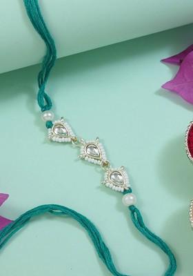 Kundan Studded Pearl Beaded Thread Rakhi With Roli Chawal And Rakshabandhan Card