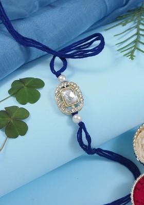 Kundan Studded Pearl Beaded Thread Rakhi With Roli Chawal And Rakshabandhan Card