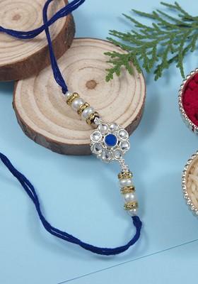 Kundan Studded Pearl Beaded Thread Rakhi With Roli Chawal And Rakshabandhan Card