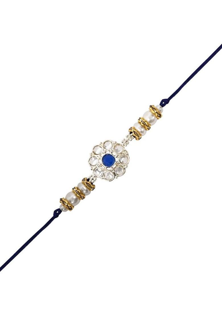 Kundan Studded Pearl Beaded Thread Rakhi With Roli Chawal And Rakshabandhan Card - Indya