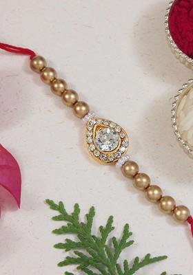 Kundan Studded Pearl Beaded Bhaiya Rakhi With Roli Chawal And Rakshabandhan Card