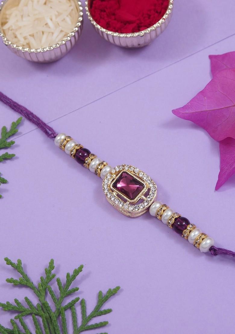 Kundan Studded Pearl Beaded Thread Rakhi With Roli Chawal - Indya