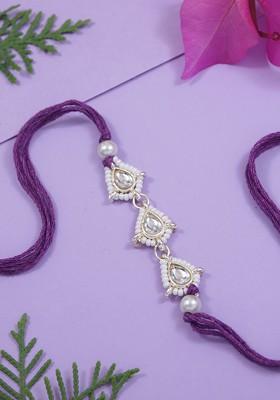 Kundan Studded Pearl Beaded Thread Rakhi With Roli Chawal And Rakshabandhan Card