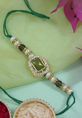 Kundan Studded Pearl Beaded Thread Rakhi With Roli Chawal And Rakshabandhan Card