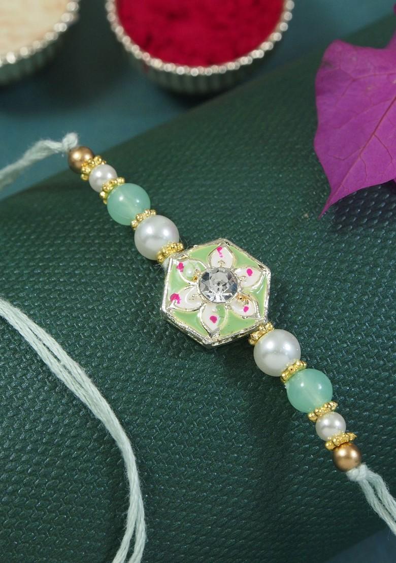 Kundan Studded Pearl Beaded Meenakari Thread Rakhi With Roli Chawal