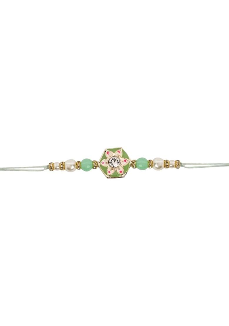 Kundan Studded Pearl Beaded Meenakari Thread Rakhi With Roli Chawal