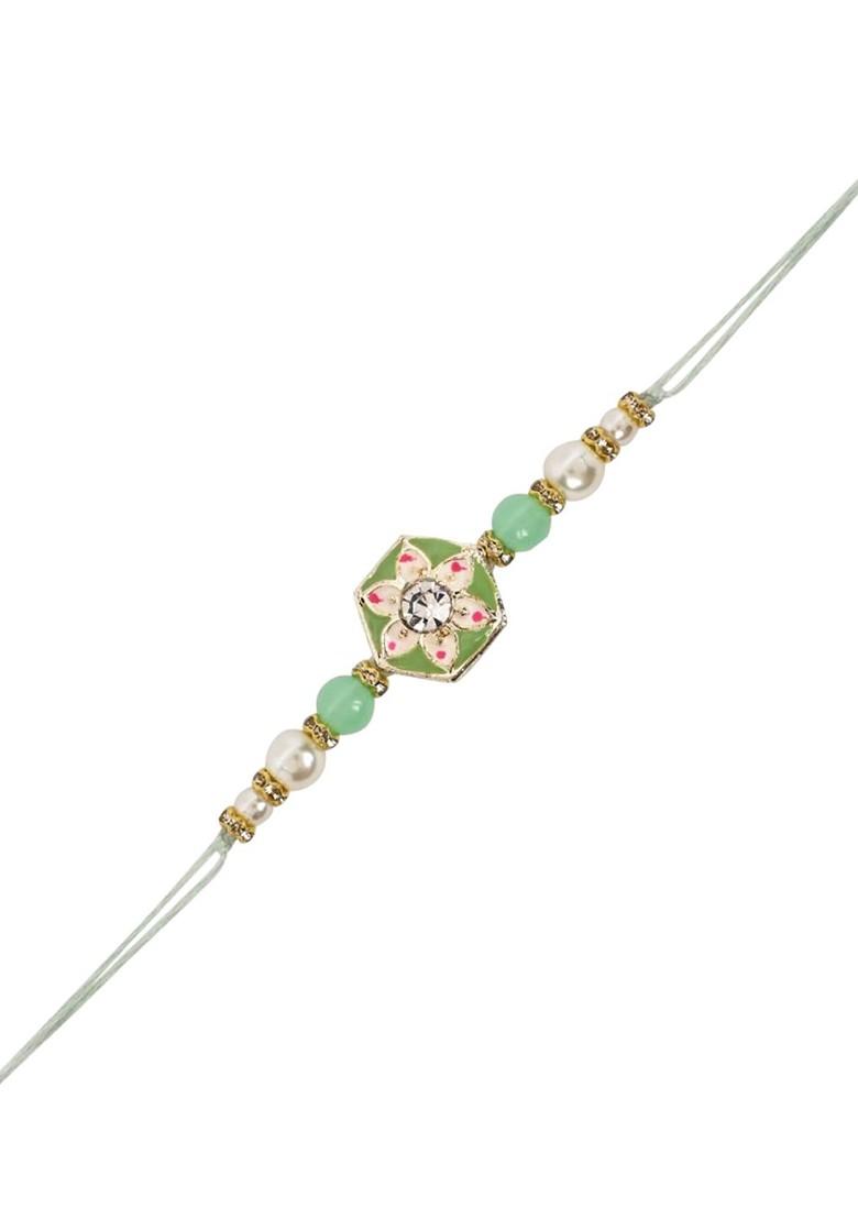Kundan Studded Pearl Beaded Meenakari Thread Rakhi With Roli Chawal