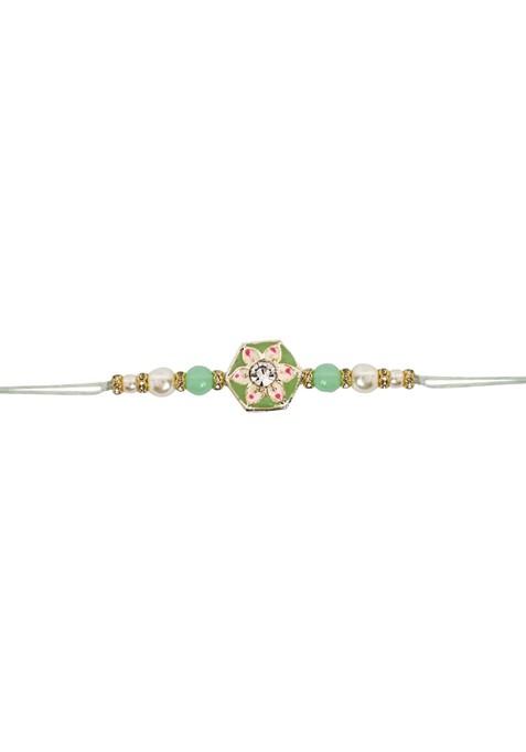 Kundan Studded Pearl Beaded Meenakari Thread Rakhi With Roli Chawal