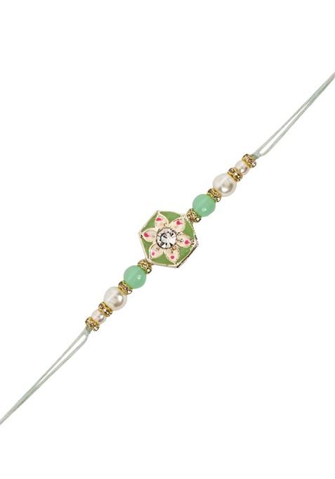 Kundan Studded Pearl Beaded Meenakari Thread Rakhi With Roli Chawal