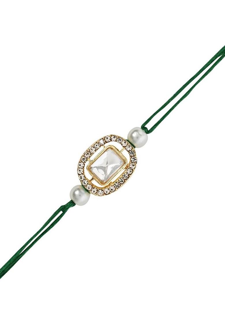 Kundan Studded Pearl Beaded Thread Rakhi With Roli Chawal And Rakshabandhan Card - Indya