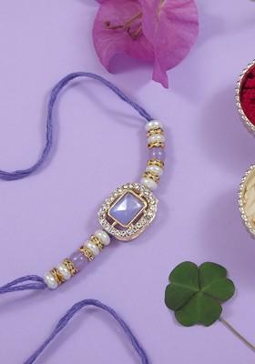 Kundan Studded Pearl Beaded Thread Rakhi With Roli Chawal