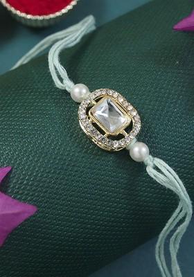 Kundan Studded Pearl Beaded Thread Rakhi With Roli Chawal And Rakshabandhan Card