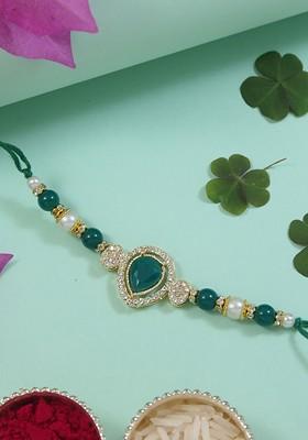 Kundan Studded Pearl Beaded Thread Rakhi With Roli Chawal And Rakshabandhan Card