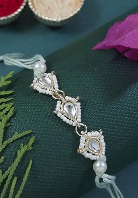 Kundan Studded Pearl Beaded Thread Rakhi With Roli Chawal And Rakshabandhan Card