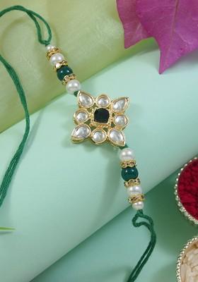 Kundan Studded Pearl Beaded Thread Rakhi With Roli Chawal