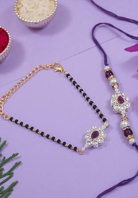 Kundan Studded Pearl Beaded Bhaiya Bhabhi Mangalsutra Bracelet Rakhi