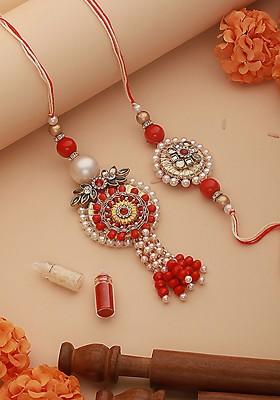 Maroon Set Of 2 Kundan Studded And Beaded Bhaiya Bhabhi Rakhi With Roli Chawal