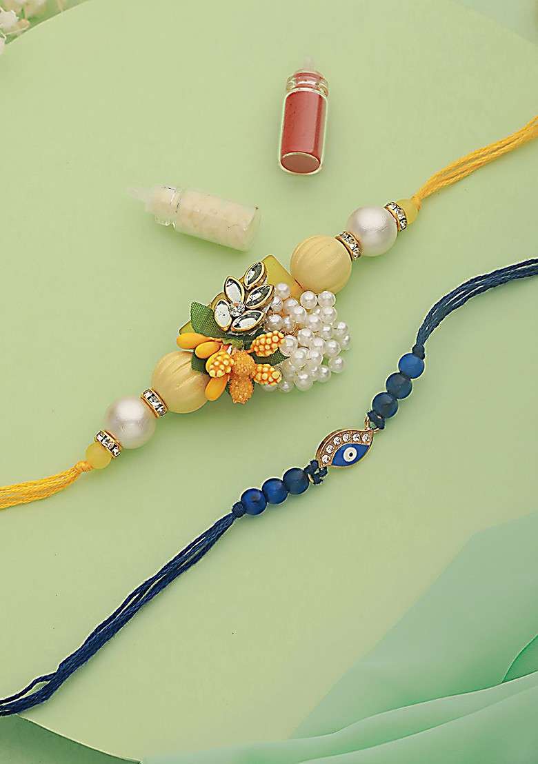 Yellow Set Of 2 Floarl And Evil Eye Beaded Rakhi With Roli Chawal - Indya