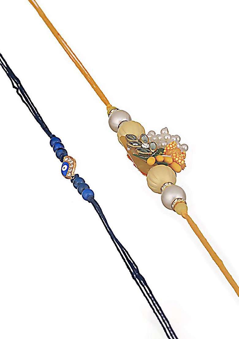 Yellow Set Of 2 Floarl And Evil Eye Beaded Rakhi With Roli Chawal - Indya