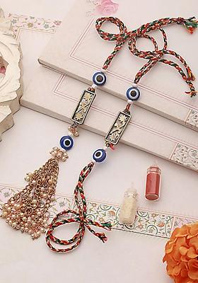 Blue Set Of 2 Evil Eye And Floral Beaded Bhaiya Bhabhi Rakhi With Roli Chawal
