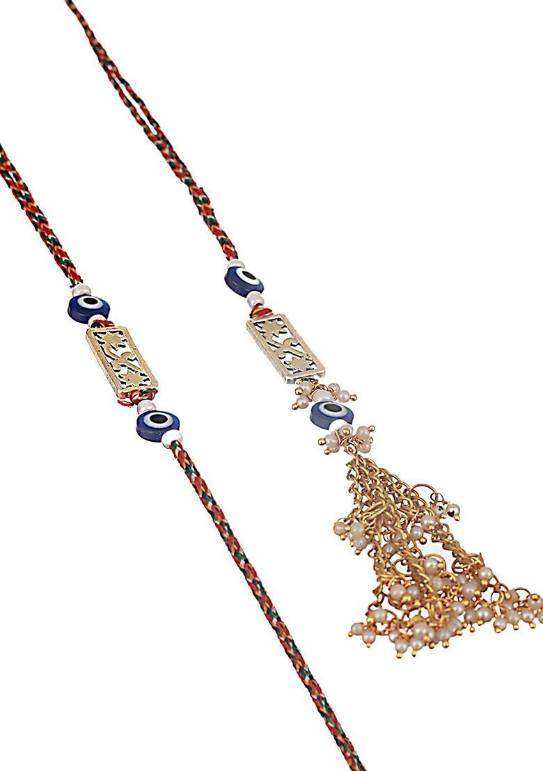 Blue Set Of 2 Evil Eye And Floral Beaded Bhaiya Bhabhi Rakhi With Roli Chawal - Indya
