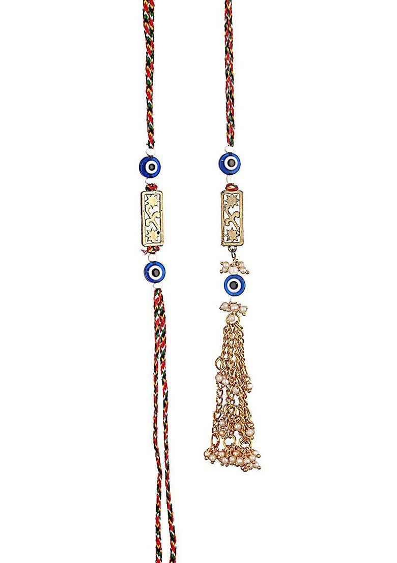 Blue Set Of 2 Evil Eye And Floral Beaded Bhaiya Bhabhi Rakhi With Roli Chawal - Indya