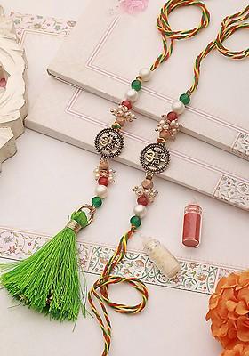 Gold Toned Set Of 2 Pearl Beaded Bhaiya Bhabhi Rakhi With Roli Chawal