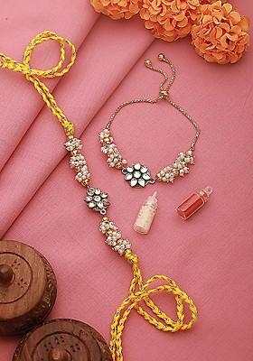 Yellow Set Of 2 Kundan Studded And Beaded Rakhi With Roli Chawal