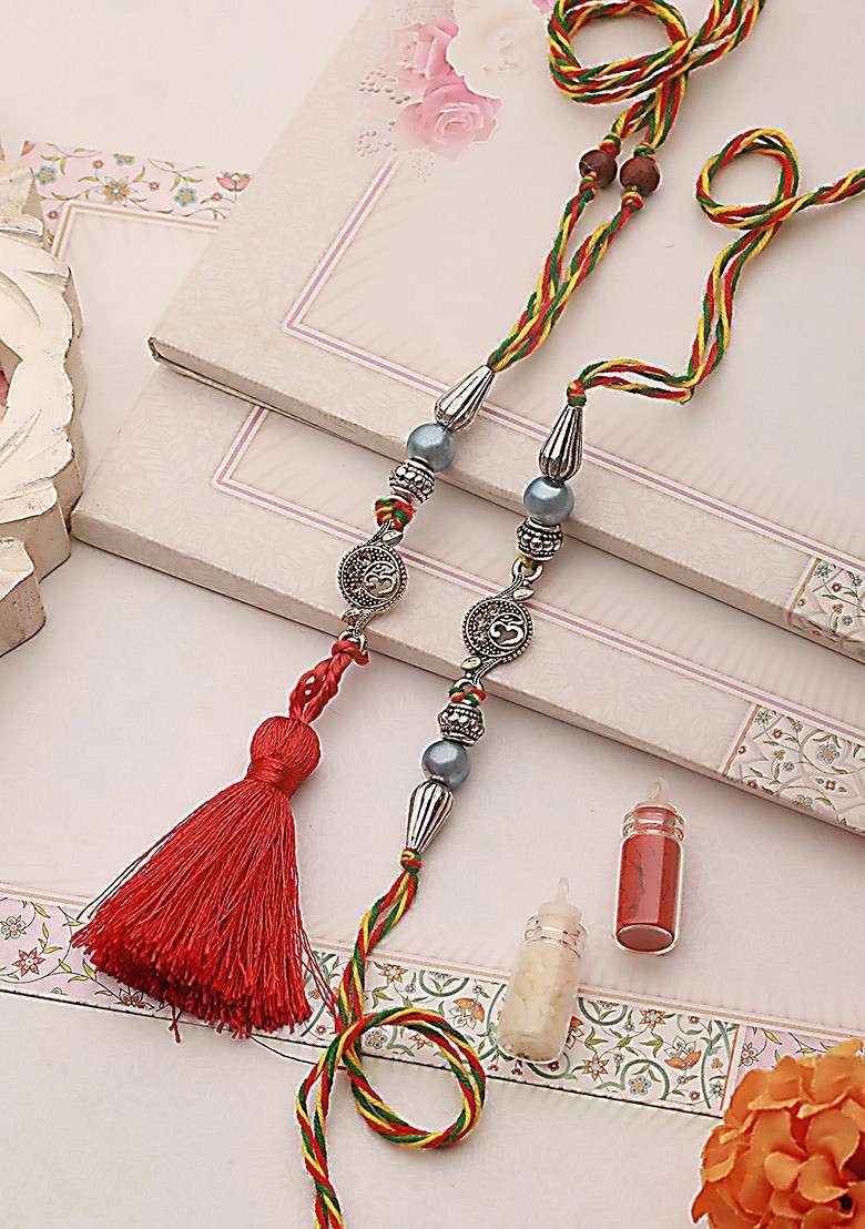 Red Set Of 2 Pearl Beaded Bhaiya Bhabhi Rakhi With Roli Chawal - Indya