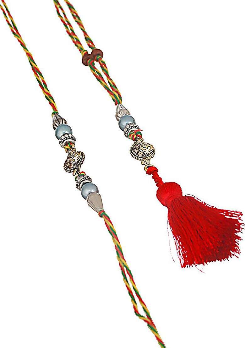 Red Set Of 2 Pearl Beaded Bhaiya Bhabhi Rakhi With Roli Chawal - Indya