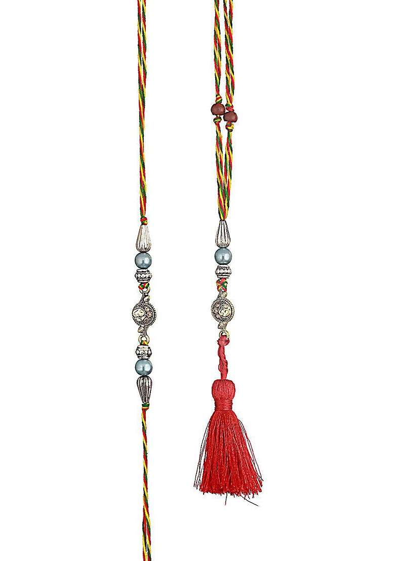 Red Set Of 2 Pearl Beaded Bhaiya Bhabhi Rakhi With Roli Chawal - Indya