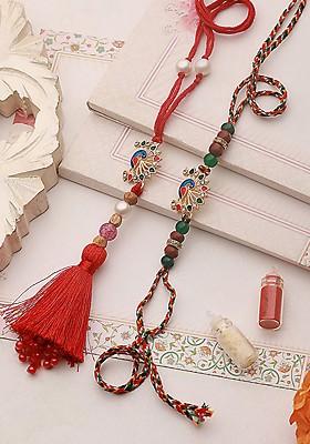 Red Set Of 2 Beaded Bhaiya Bhabhi Rakhi With Roli Chawal